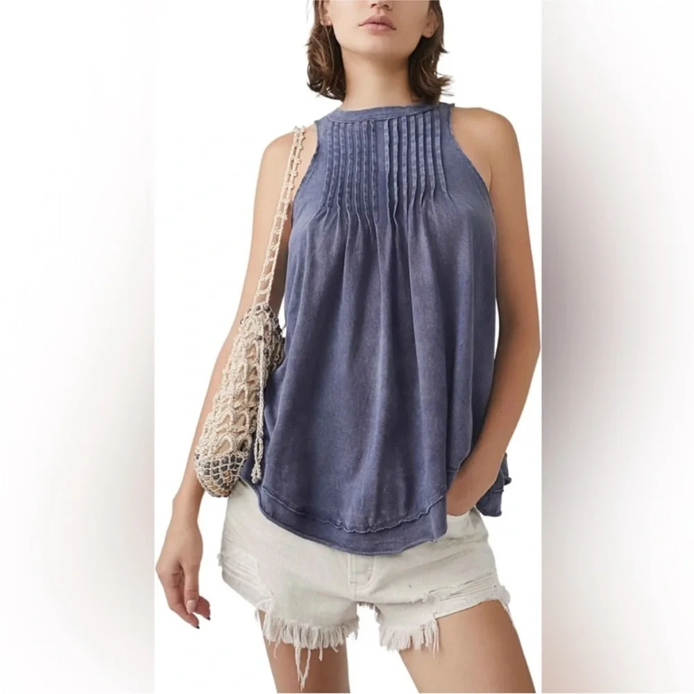 Free People We The Free Go To Town Tank Tempest Slate Pleated Cotton Top M